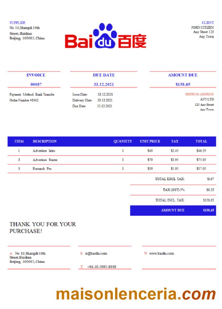 USA Baidu faktura słowo i PDF szablon